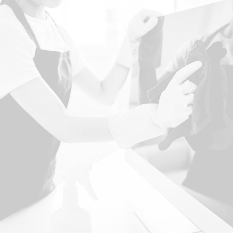 Eine Person reinigt einen Monitor mit einem Tuch und hält eine Sprühflasche in der anderen Hand.