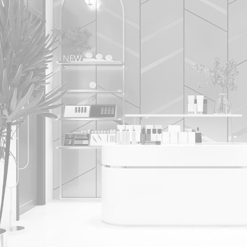 Modernes Geschäftslokal mit Theke und Regalflächen, sauber und aufgeräumt.