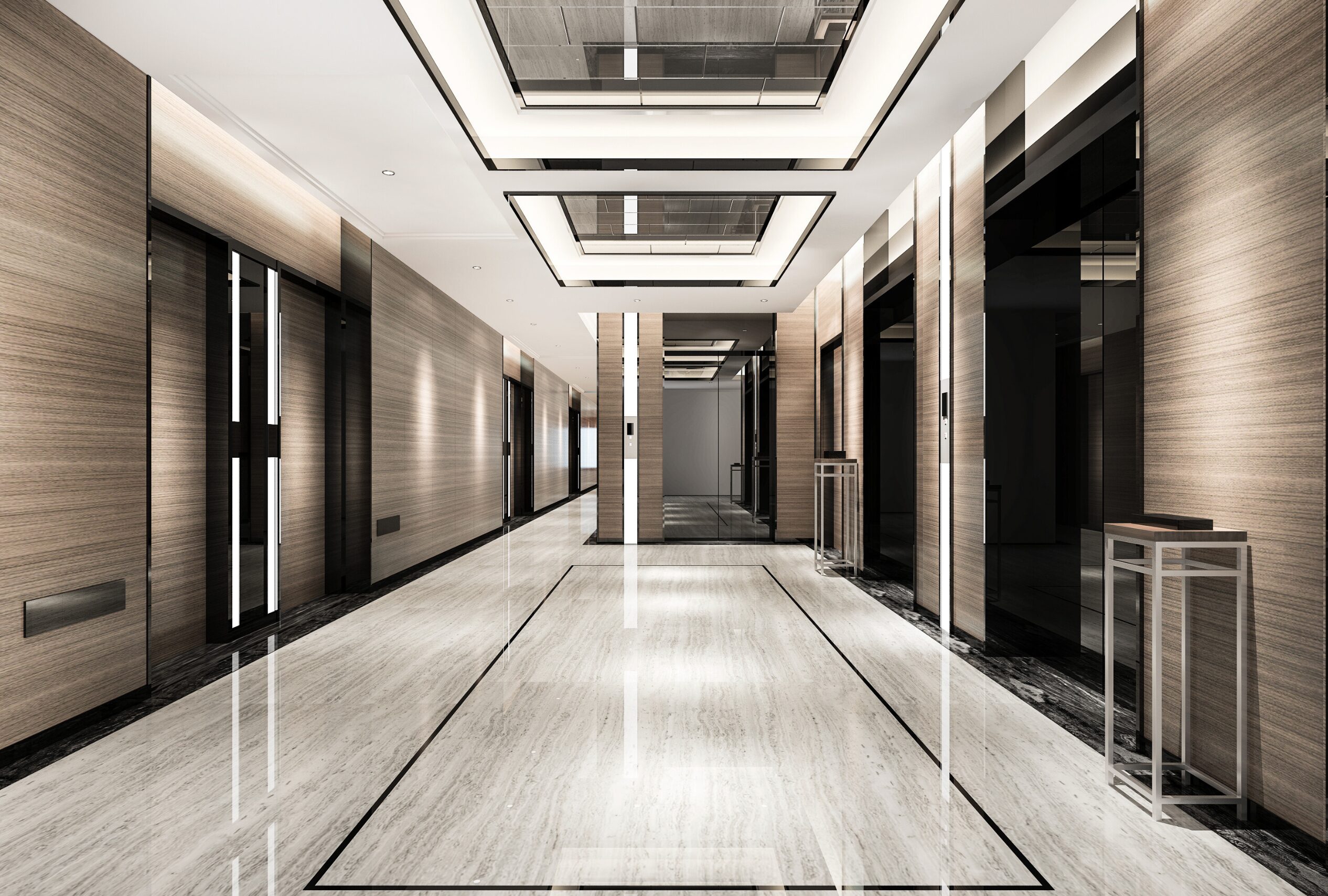 Moderner Hausflur mit poliertem Boden nach der Unterhaltsreinigung.